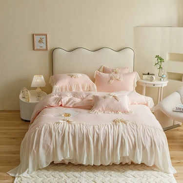 Romantic Pink Satin Cotton Wedding Bedding Set with Ruffles and Bows